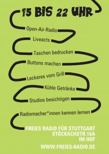 BIld: Text: 15-22 Uhr, Open-Air-Radio, Liveacts, Taschen bedrucken, Buttons machen, Leckeres vom Gripp, Kühle Getränke, Studios besichtigen, Radiomacher*innen kennen lernen.