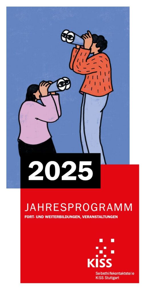 Bild: Cover Jahresprogramm 2025, zwei Menschen schauen durch Ferngläser